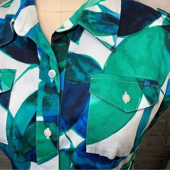 Jones New York Fit Flare Midi Dress Sz 4 Blue Green White Tropical Button Front - Picture 5 of 11